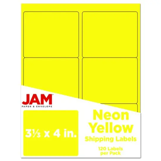 JAM Paper Adhesive Shipping Labels, 3.33" x 4" Neon Yellow {1}