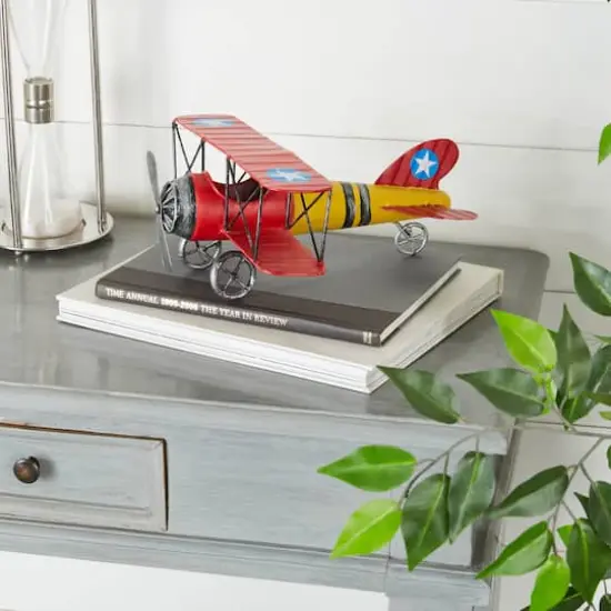 12" Red & Yellow Metal Plane Vintage Tabletop D&eacute;cor {11}