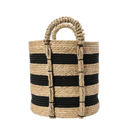Household Essentials 20" Black & Natural Stripes Braided Basket with Handles {6}