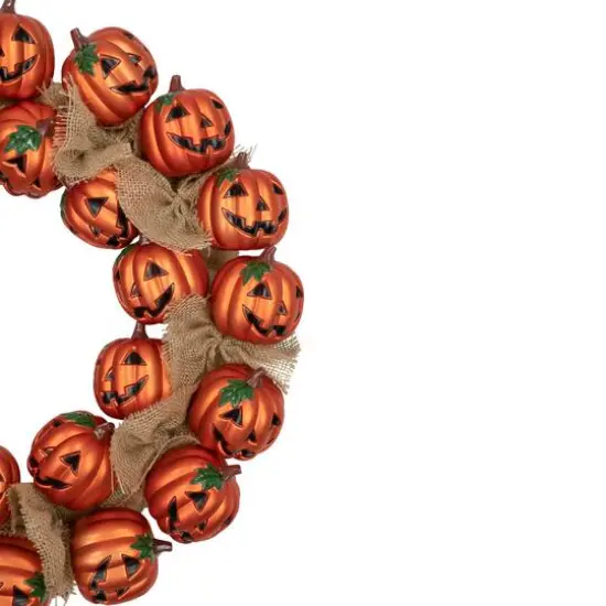 20'' Unlit Jack-O-Lantern and Burlap Ribbon Halloween Wreath {5}