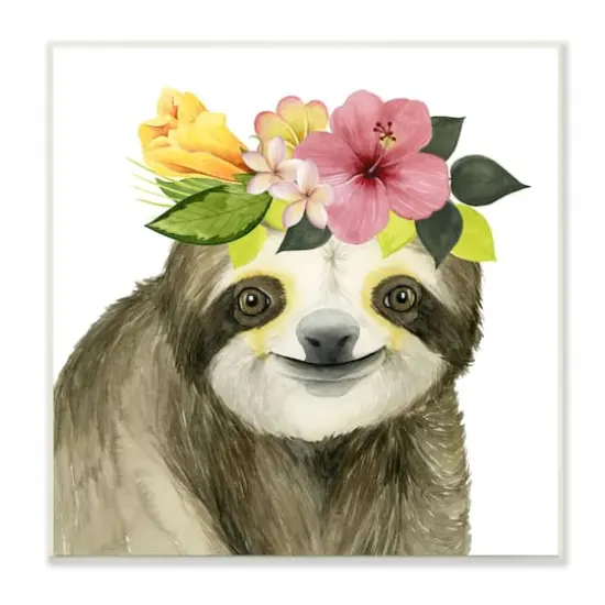 Stupell Industries Coachella Ready Sloth in Flower Crown Wood Wall Plaque {1}