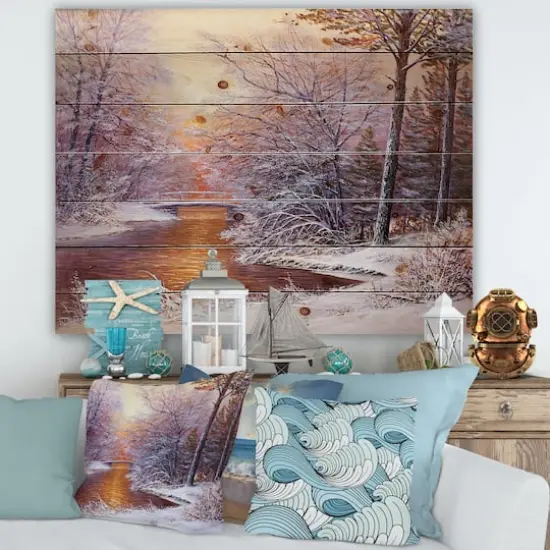 Designart Christmas Forest with River & Trees II Print on Natural Pine Wood {4}