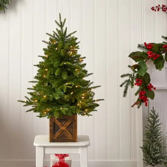 3ft. Pre-Lit Finland Fir Artificial Christmas Tree in Decorative Planter, Warm White Lights {3}