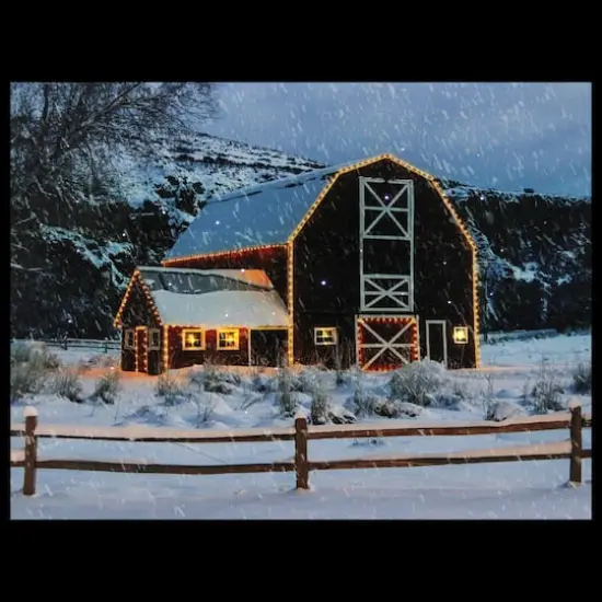 Snowy Red Barn LED Fiber Optic Canvas Wall Art {6}