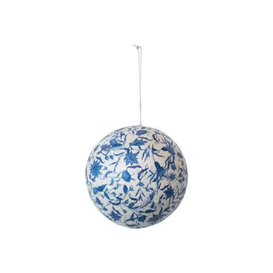 Hello Honey® 5" Blue & Cream Printed Paper Mache Ball Ornament with Flowers & Peacock Feather Design {1}