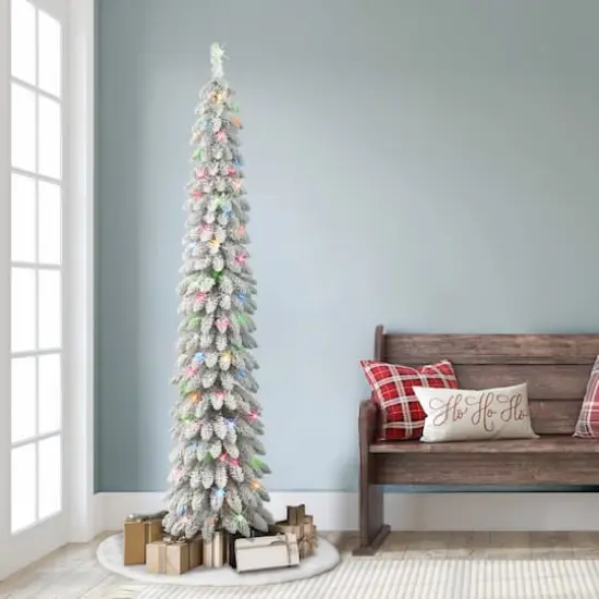 7ft. Pre-Lit Flocked Artificial Alpine Pencil Tree, Multicolor Lights {4}