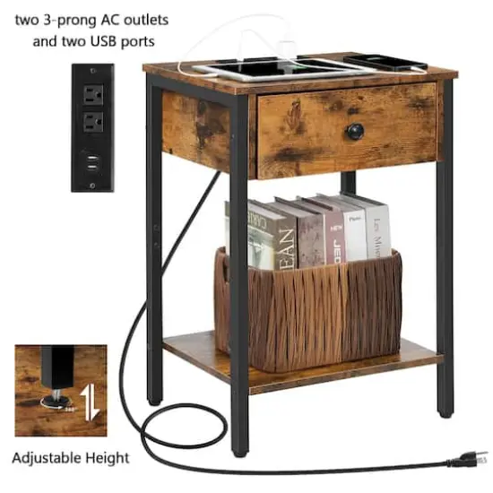 NEX&trade; Rustic Brown Nightstand End Table with USB Ports & Power Outlets {5}