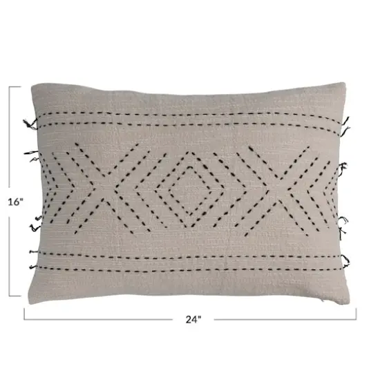 Hello Honey&reg; Natural & Black Hand-Embroidered Cotton Lumbar Pillow with Kantha Stitch {4}
