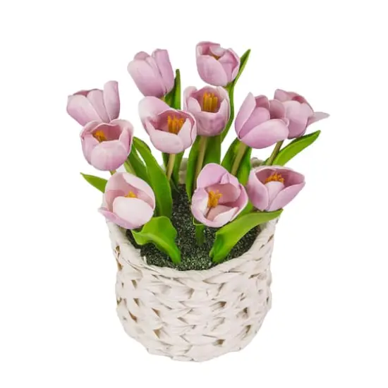 10" Tulip Bouquet in White Basket Mauve {6}