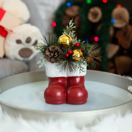 6" Christmas Arrangement In Cement Santa Boots {4}