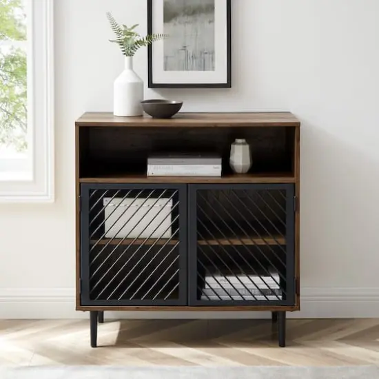 Walker Edison 32" Reclaimed Barnwood Modern Slanted Metal Door Accent Cabinet {3}