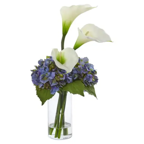 18" Calla Lily & Hydrangea Arrangement in Clear Vase White/Blue {1}