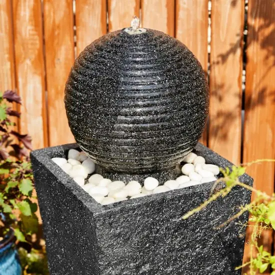 Glitzhome&reg; Modern LED Black Geometric Pedestal & Sphere Outdoor Floor Fountain {6}
