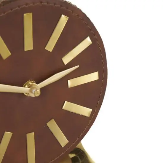Faux Leather Round Decorative Clock with Rectangular Base Brown/Gold {6}