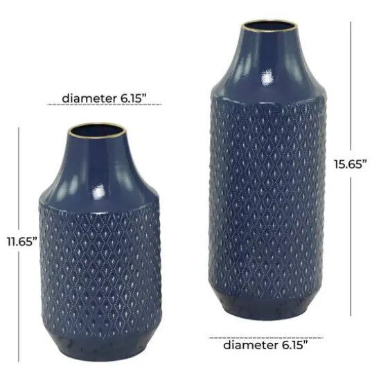 Blue Metal Diamond Embossed Exterior Vase Set of 2 16", 12" {7}
