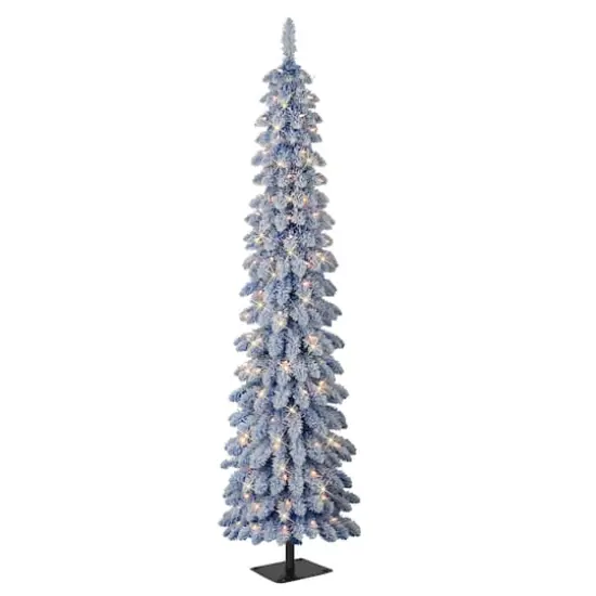 7ft. Pre-Lit Flocked Blue Artificial Alpine Pencil Christmas Tree, Clear Lights {1}