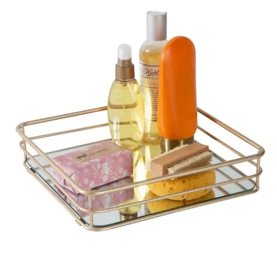 Elle D&eacute;cor Satin Gold Square Mirrored Bottom Vanity Tray {4}