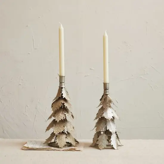 Hello Honey&reg; 11" Distressed Silver Finish Metal Tree-Shaped Taper Candleholder {3}