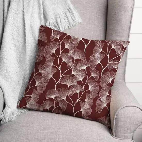18" Gingko Leaves Indoor/Outdoor Pillow Maroon {3}