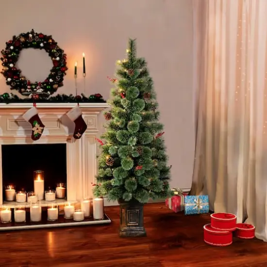 4.5ft. Pre-Lit Natural Pine Artificial Christmas Tree in Decorative Planter, Clear Lights {5}