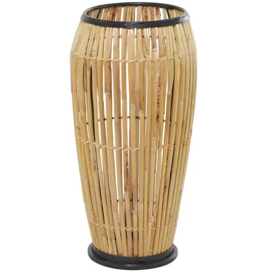 Brown Wicker Handmade Slatted Frame Vase with Black Metal Accents {1}