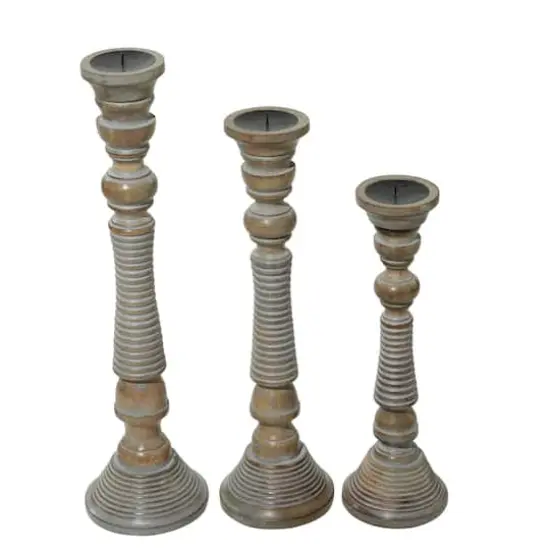 Light Gray Mango Wood Traditional Candle Holder Set {3}
