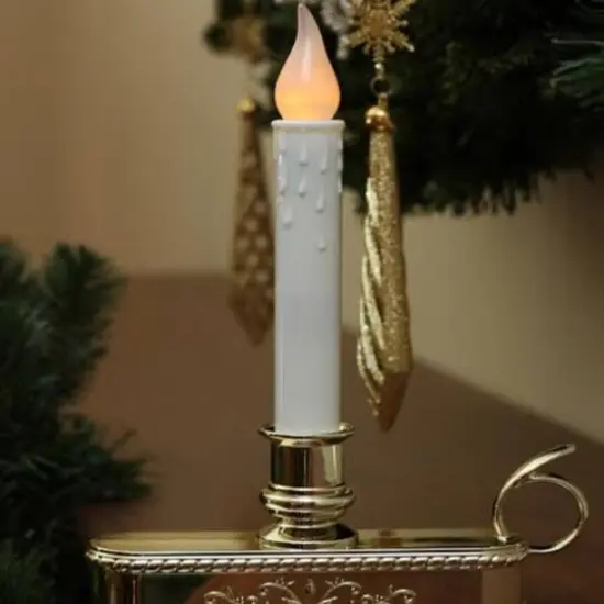 8.75" Pre-Lit White & Gold LED C5 Flickering Christmas Candle Lamp With Handle Base {5}