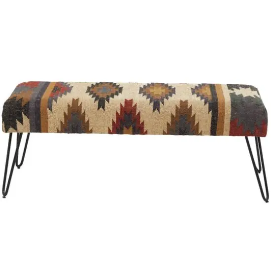 47" Multicolored Metal Tribal Bench with Metal Hairpin Legs {5}