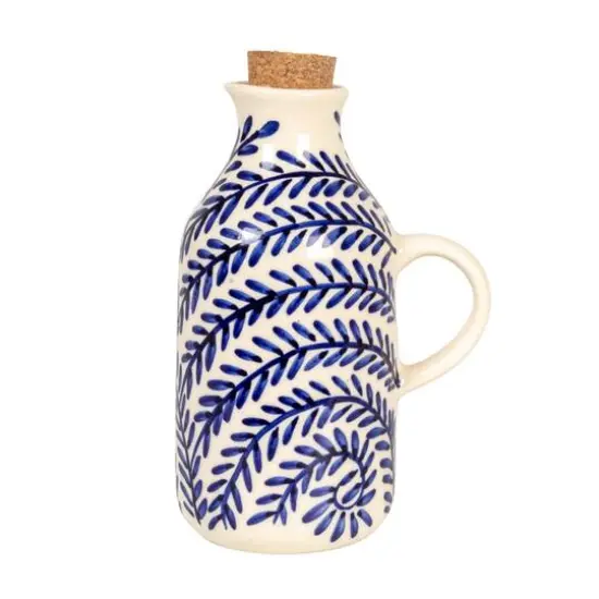 Hello Honey 8 oz. Hand-Painted Stoneware Oil Cruet with Design and Cork Stopper, Cream Color and Blue {9}
