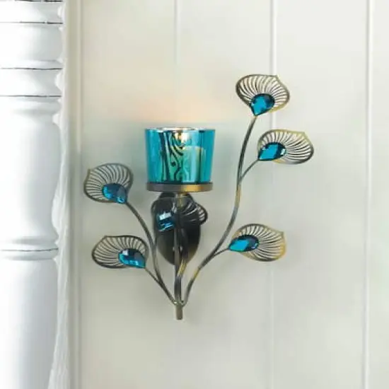 11'' Peacock Inspired Single Candle Wall Sconce {3}