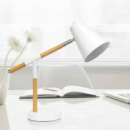 Simple Designs 16.7" Wooden Pivot Desk Lamp Matte White and Wood {5}