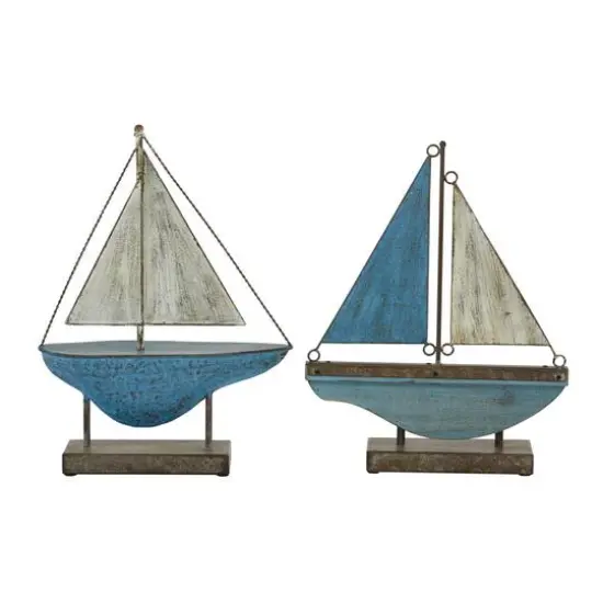 Set of 2 Blue Metal Coastal Sail Boat Sculpture, 17", 16" {3}