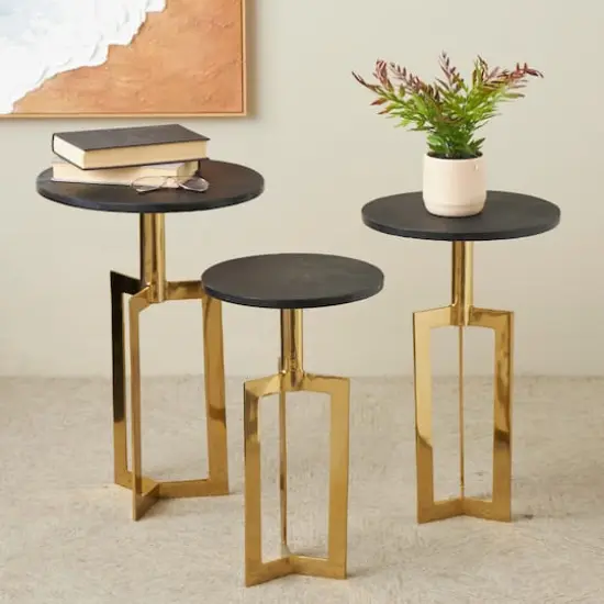 Gold Aluminum Geometric Accent Table with Black Marble Tabletop Set {3}