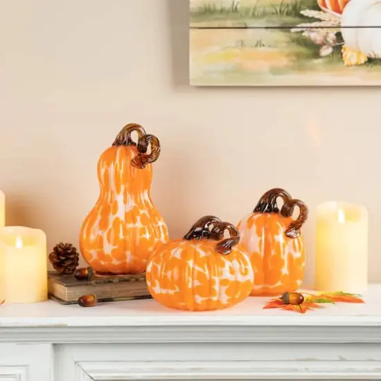 Glitzhome&reg; Orange Glass Pumpkin & Gourd Set {3}