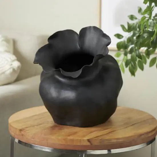 12.75" Black Ceramic Abstract Wide Rounded Floral Shaped Decorative Vase with Petal Rim {3}