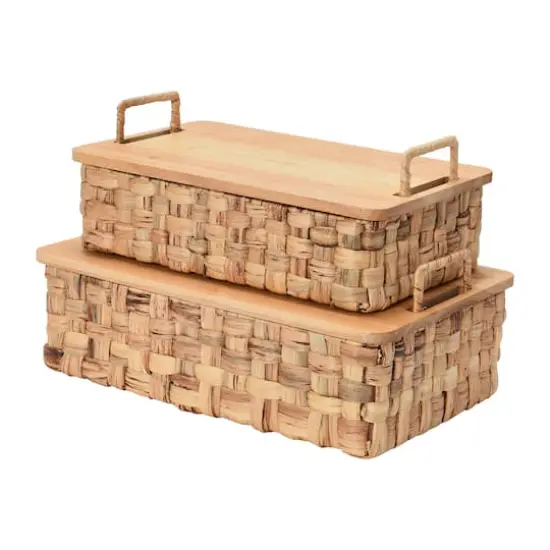 Household Essentials Stackable Hyacinth Basket Set with Oak Lids {1}