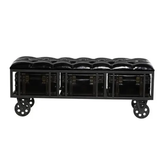 Industrial Rectangular Black Faux Leather and Wood Storage Bench, 19" x 47" x 16" {10}