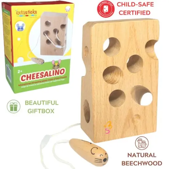 Extasticks Cheesalino Cheese & Mouse Wooden Lacing Toy {3}