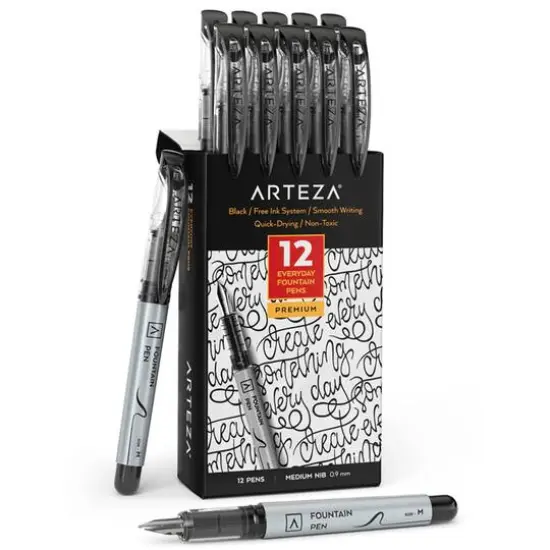 Arteza&reg; Black Medium Nib Disposable Fountain Pens, 12ct. {1}