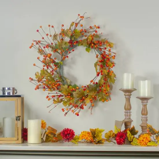 22" Orange Berries & Yellow Leaves Fall Harvest Wreath {3}