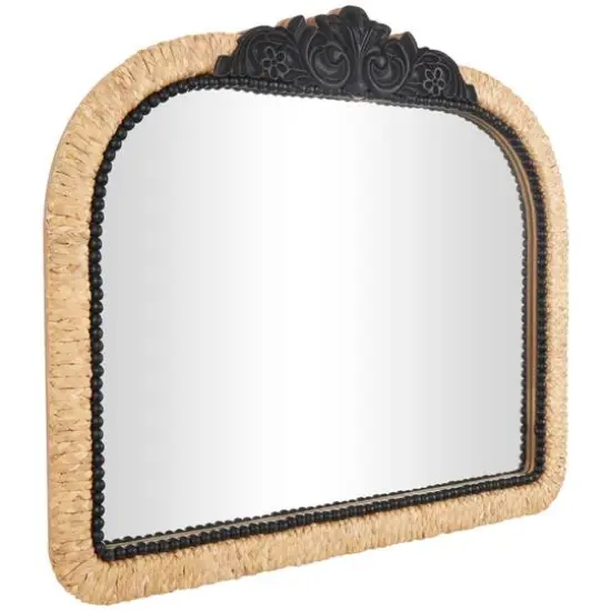 35" Brown & Black Woven Floral Rattan Wall Mirror with Beaded Detailing {4}