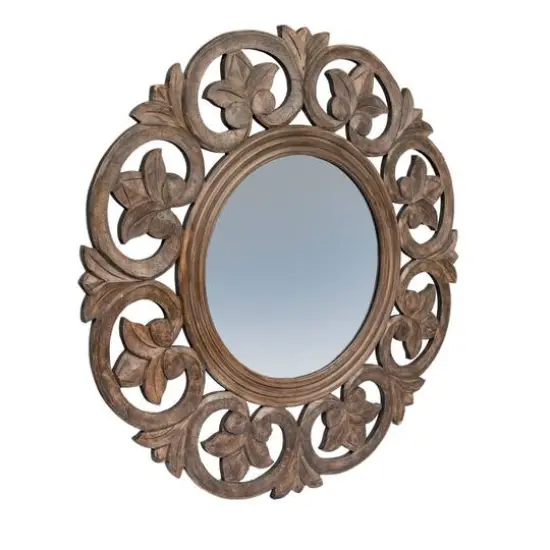Hello Honey&reg; Walnut Round Carved Botanical Framed Wall Mirror {3}