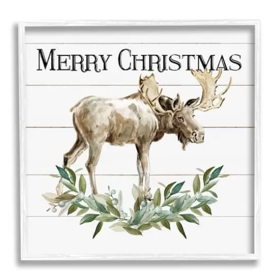 Stupell Industries Merry Christmas Moose Laurel Framed Giclee Art White {1}