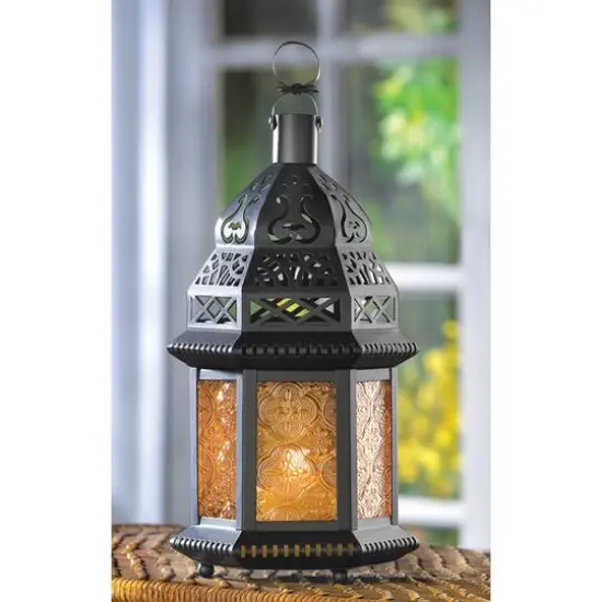 10" Black Moroccan Style Hanging Candle Lantern with Etched Yellow Glass {4}