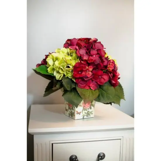 11" Green & Burgundy Hydrangea Arrangement in Floral Vase {5}