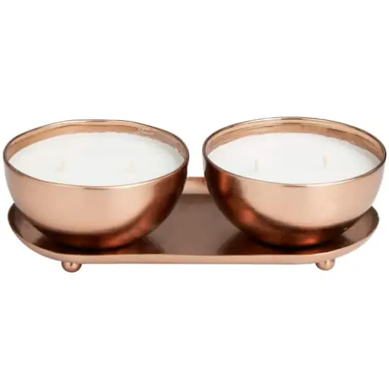 12oz. 2-Wick White Wax Tropical Breeze Scented Candle with Copper Container Bowls and Thin Oval Holding Tray Set {1}