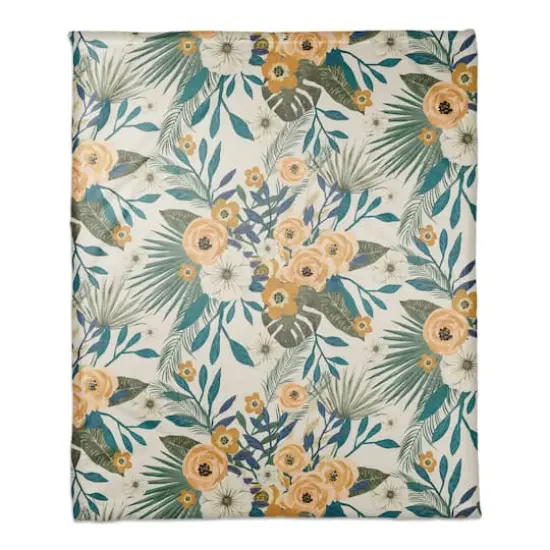 Tropical Floral Coral Fleece Blanket White {1}
