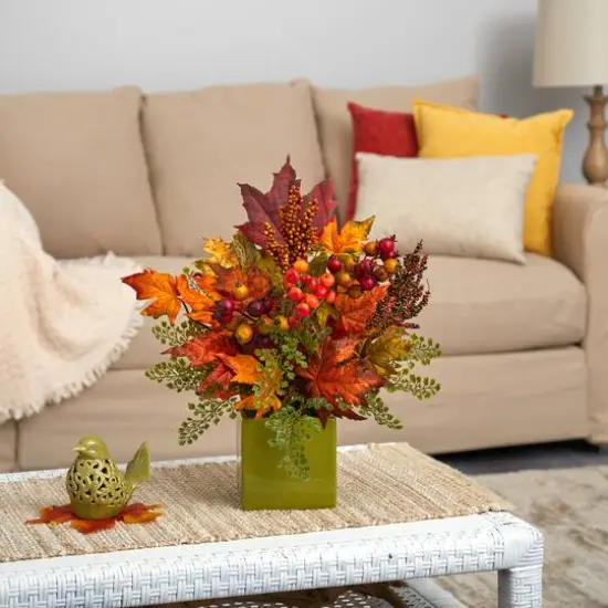 17in. Maple Leaf, Berries, Maiden Hair Arrangement in Green Vase {4}