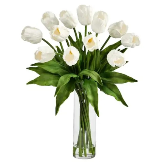 23" Artificial Tulip Arrangement with Cylinder Glass Vase White {1}