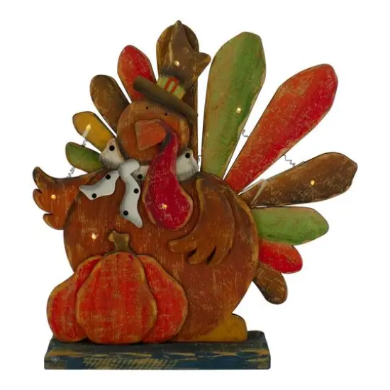 13" Lighted Turkey & Pumpkin Thanksgiving Tabletop Decor {1}